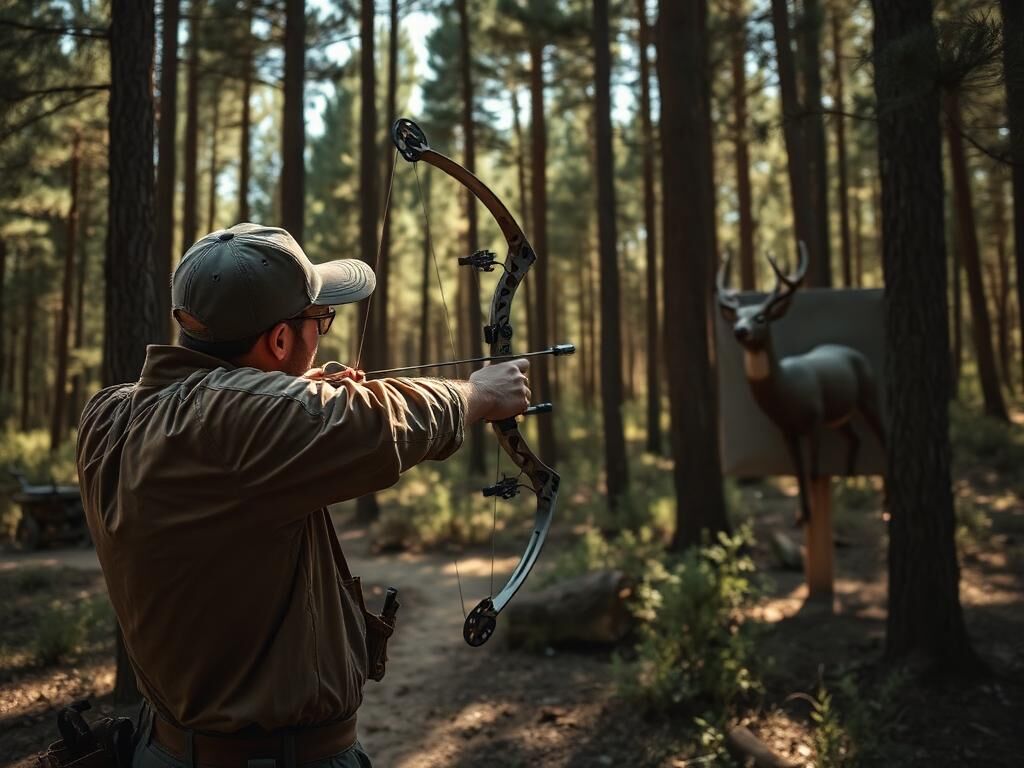 Archer drawing a compound bow at a 3D deer target in the Arizona forest